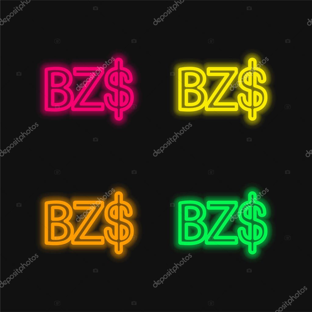 Belize Dollar Symbol four color glowing neon vector icon
