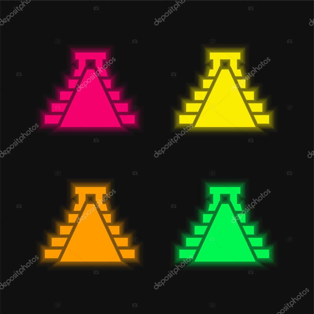 Ancient Mexico Pyramid Shape four color glowing neon vector icon