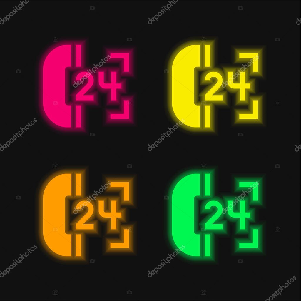 24 Hours Support four color glowing neon vector icon