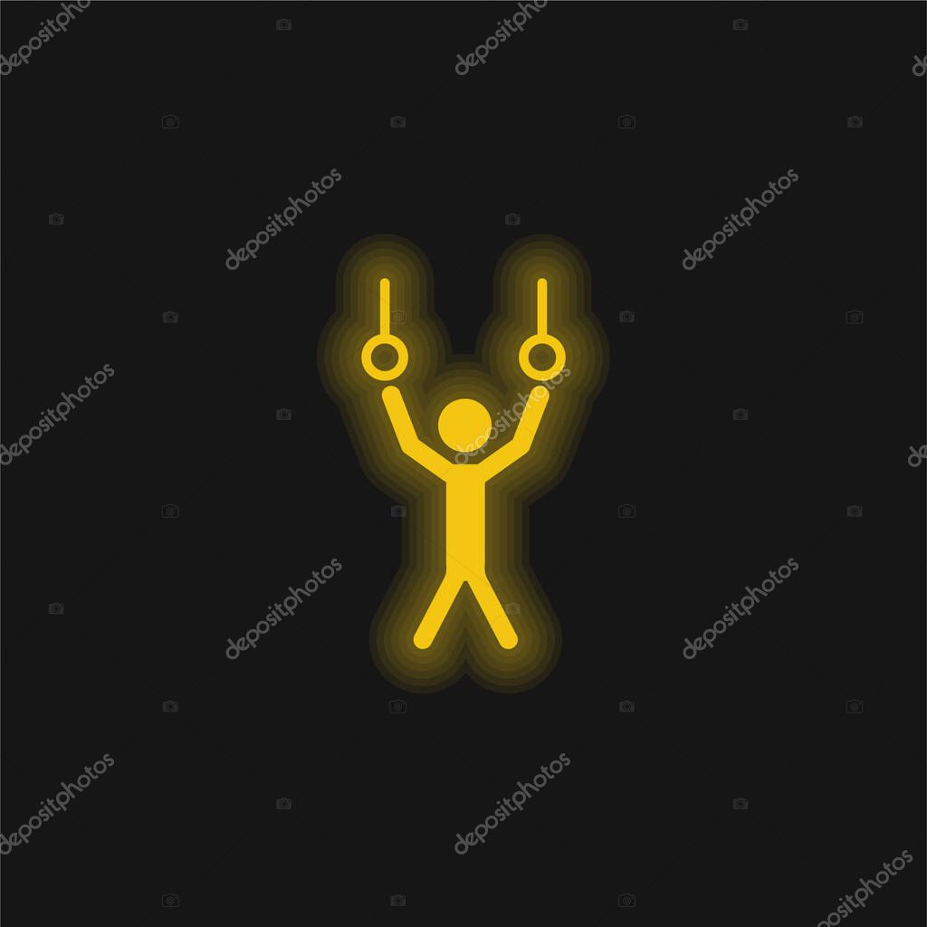 Athlete Hanging Of Rings Couple To Practice Gymnastics yellow glowing neon icon