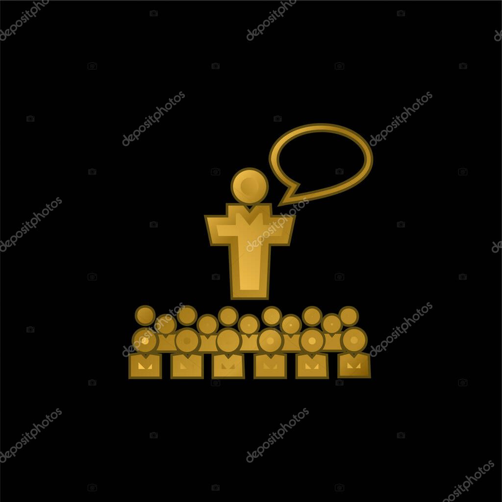 Big Group Of Small Students With Giant Professor In Front Of The Class Talking gold plated metalic icon or logo vector