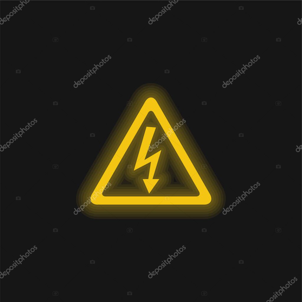 Arrow Bolt Signal Of Electrical Shock Risk In Triangular Shape yellow glowing neon icon