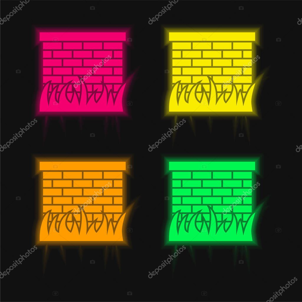 Bricks Wall With Grass Leaves Border four color glowing neon vector icon