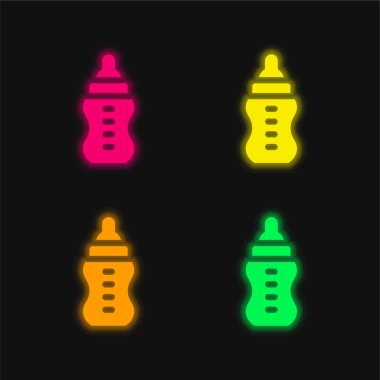 Bebek Şişesi dört renkli parlayan neon vektör simgesi