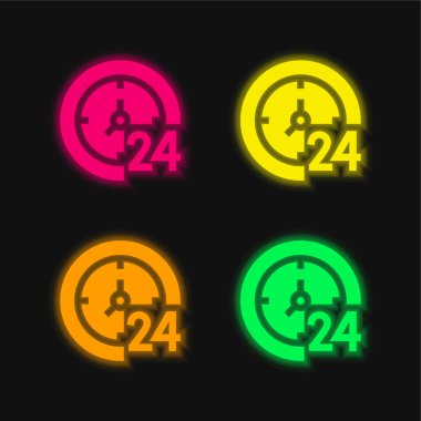 24 Hours four color glowing neon vector icon clipart