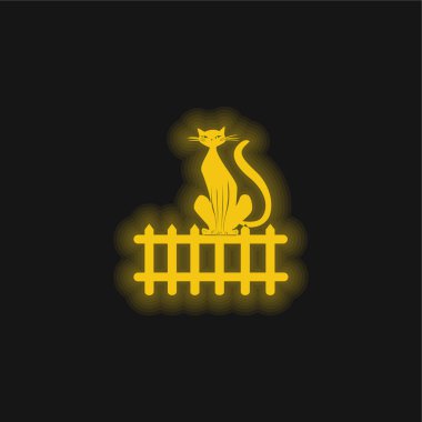 Black Cat On Fence yellow glowing neon icon clipart