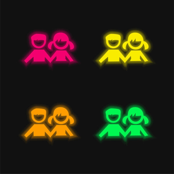 Boy And Girl Students four color glowing neon vector icon