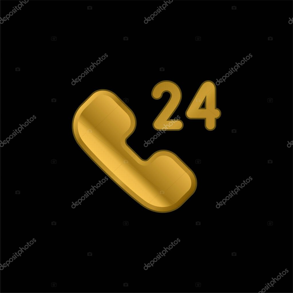 24 Hours Support gold plated metalic icon or logo vector
