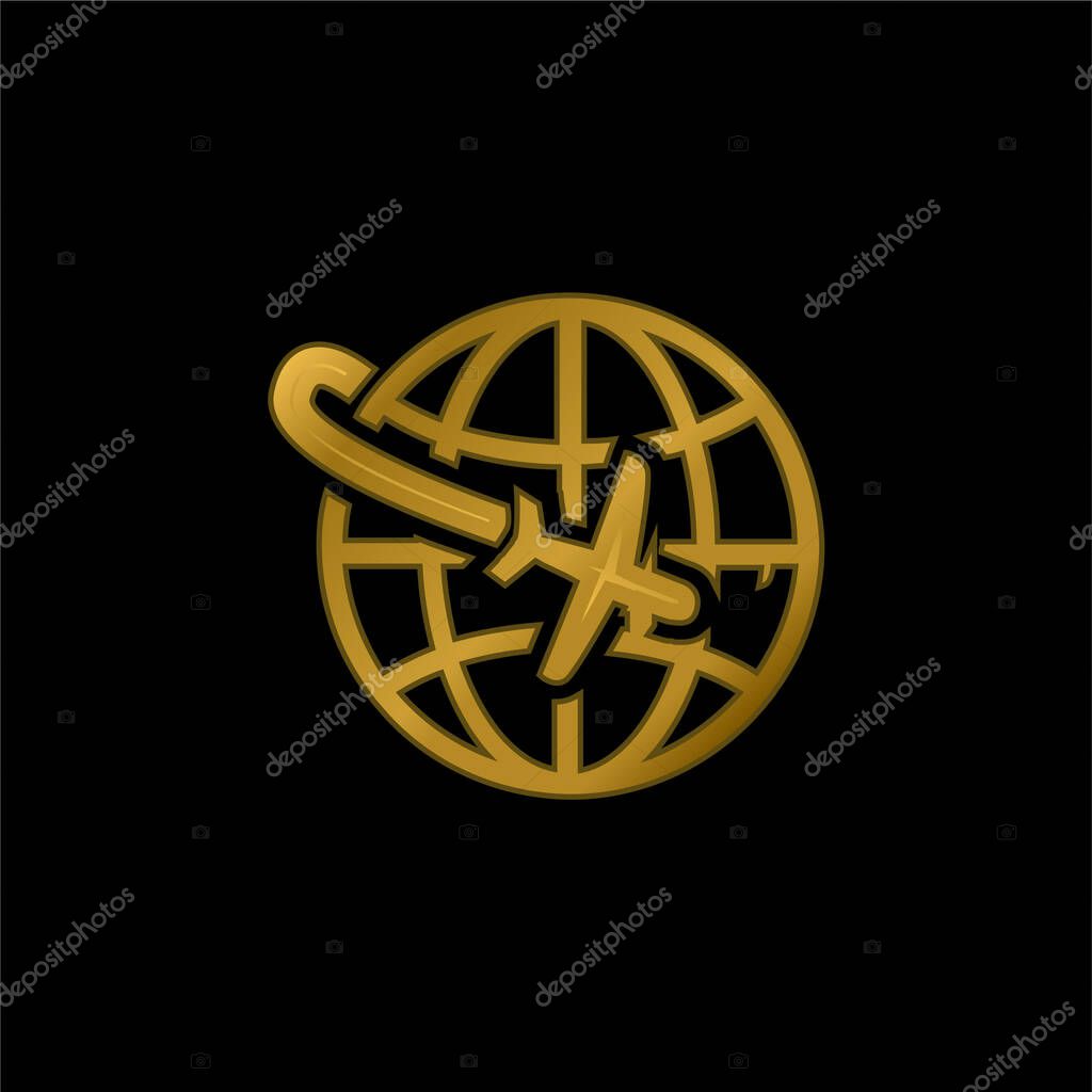 Airplane Flight Around The Planet gold plated metalic icon or logo vector