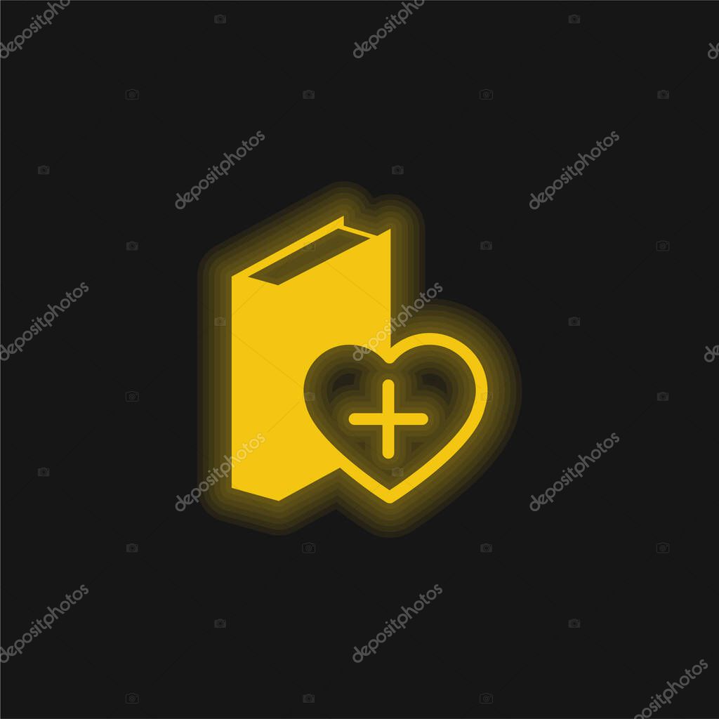 A Heart Beside The Book yellow glowing neon icon