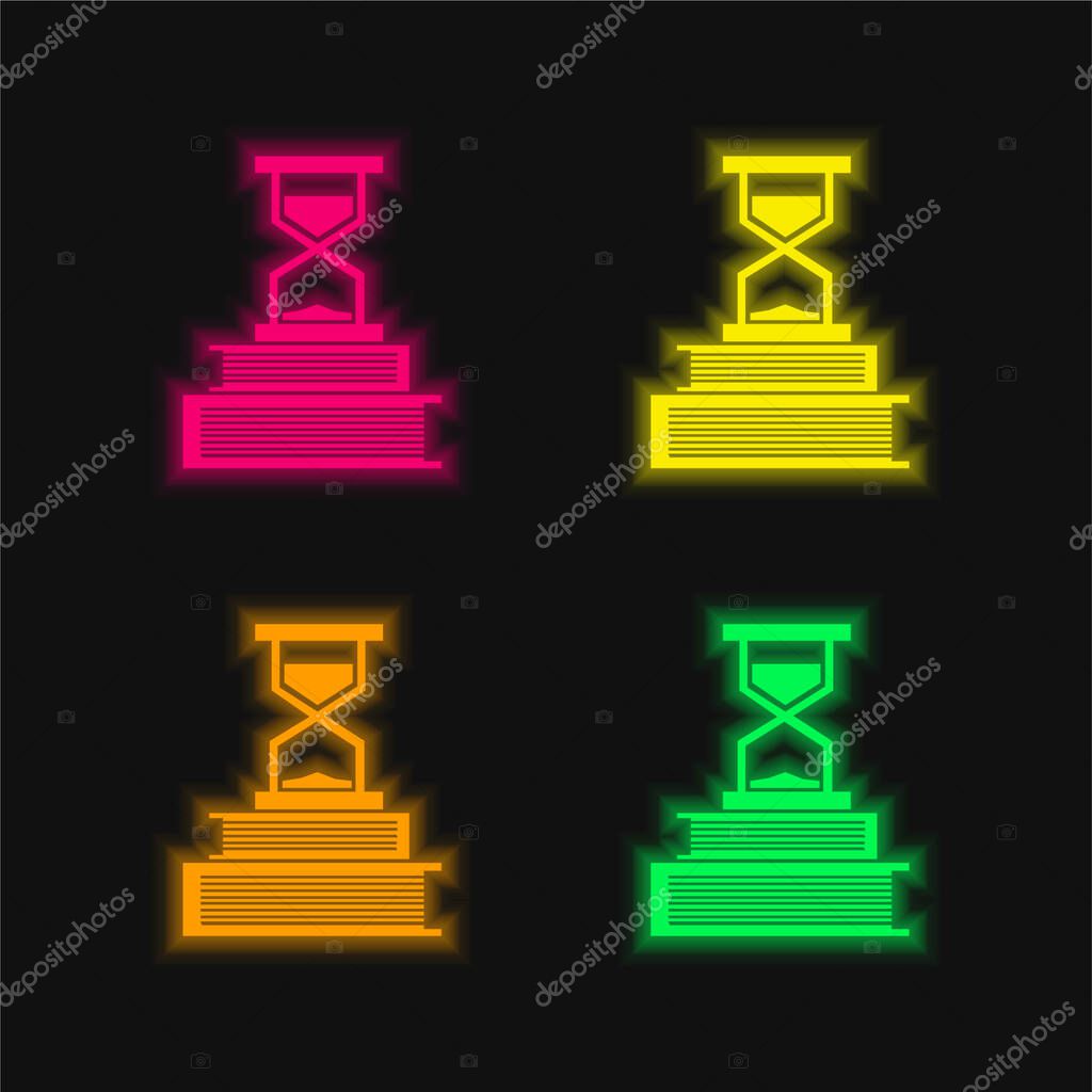 Books And Sand Clock four color glowing neon vector icon