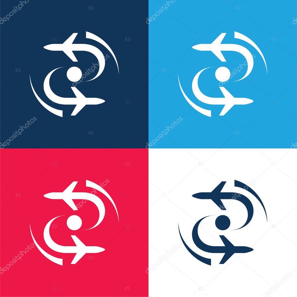 Airplane Silhouette In Rotation blue and red four color minimal icon set