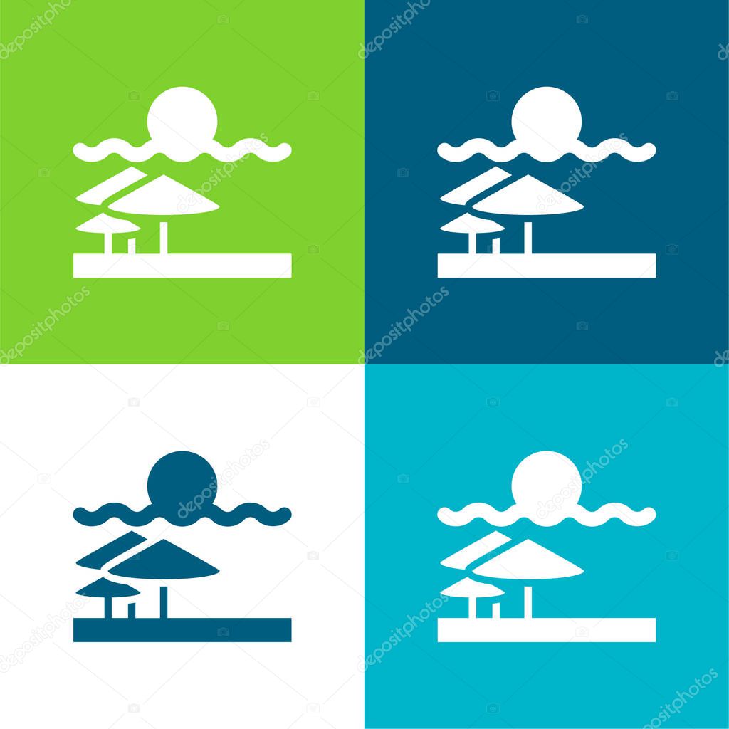 Beach View Flat four color minimal icon set