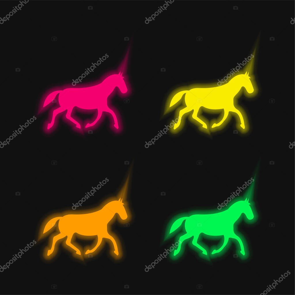 Black Race Horse Walking Pose four color glowing neon vector icon