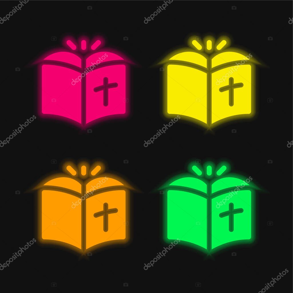 Bible four color glowing neon vector icon