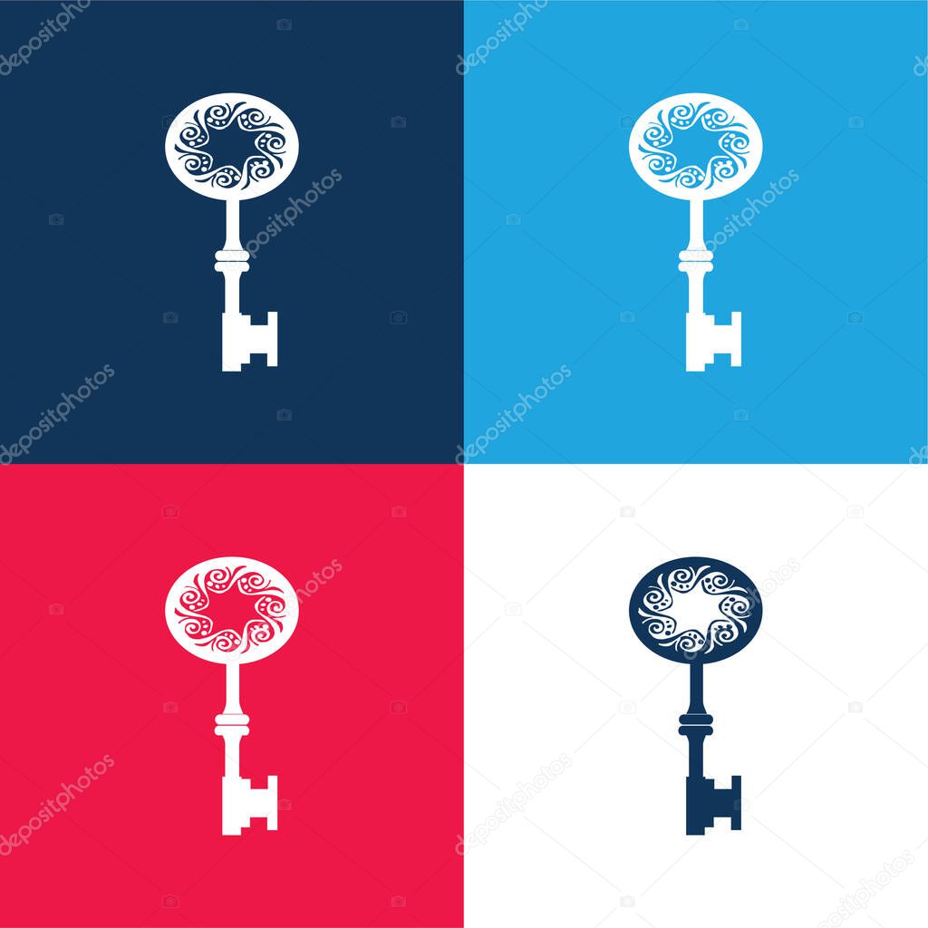 Antique Key Shape With Star Hole In The Middle Of Spirals In An Oval blue and red four color minimal icon set
