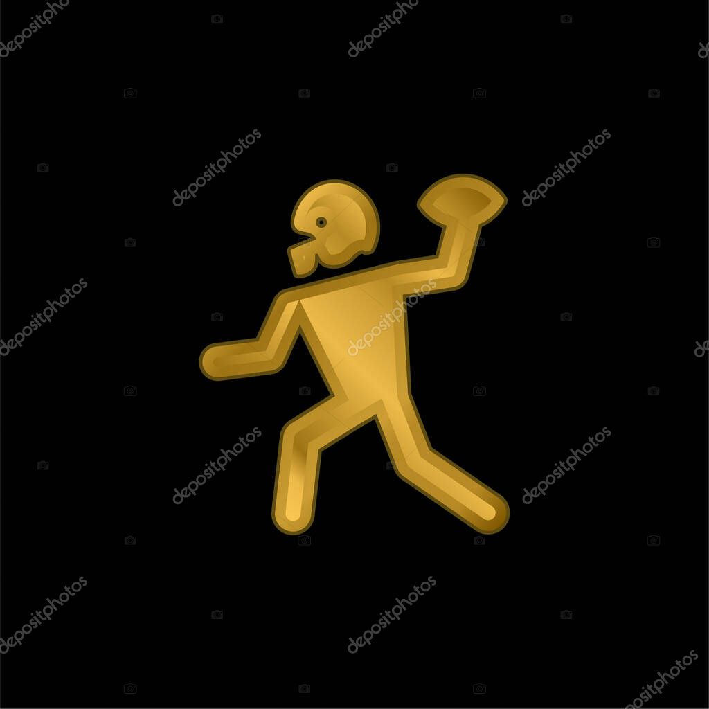American Football Player Playing Throwing The Ball In His Hand gold plated metalic icon or logo vector