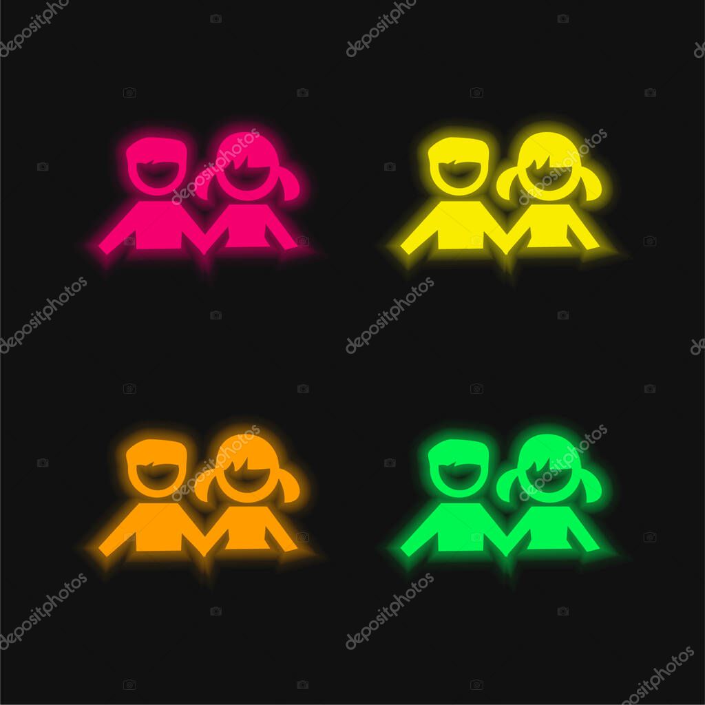 Boy And Girl Students four color glowing neon vector icon