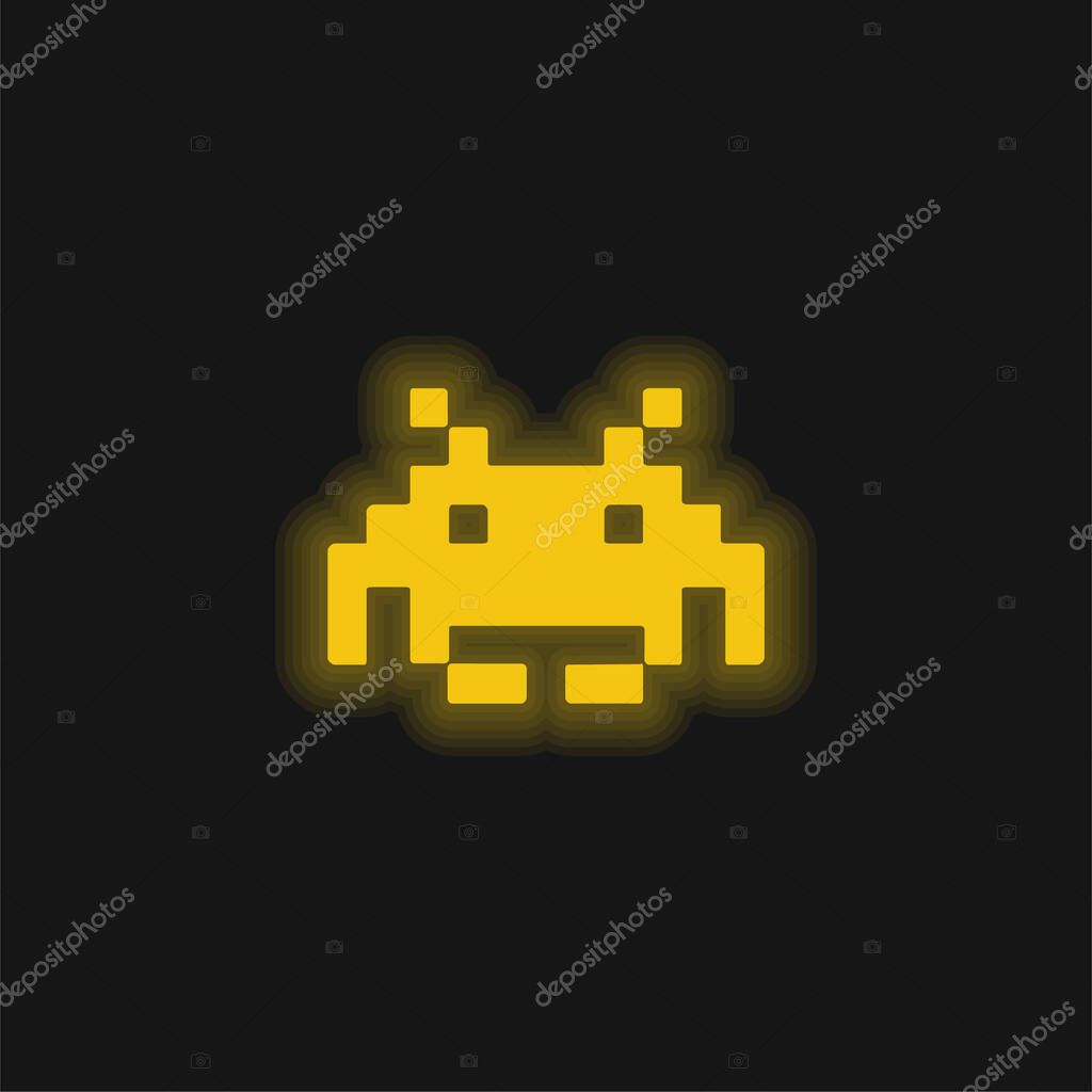 Alien Pixelated Shape Of A Digital Game yellow glowing neon icon