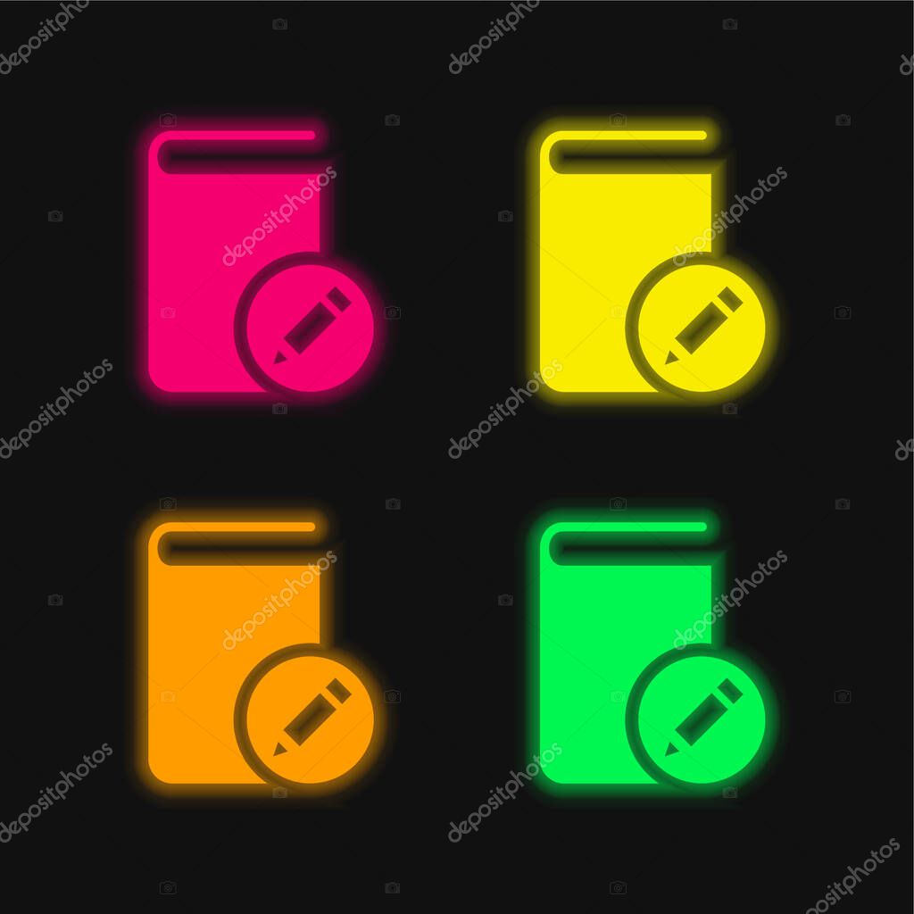 Book With A Pencil Sign four color glowing neon vector icon