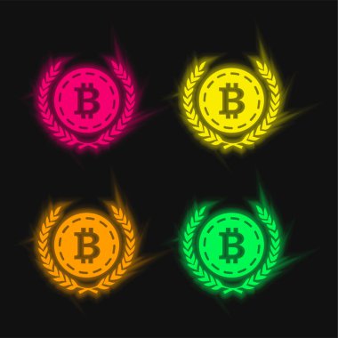 Bitcoin With Olive Leaves At Both Sides four color glowing neon vector icon