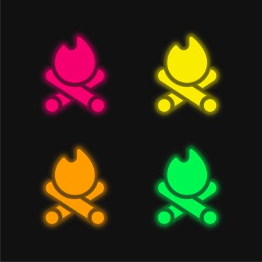 Şenlik ateşi parlayan dört renkli neon vektör simgesi
