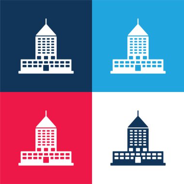Büyük bina mavi ve kırmızı dört renk minimal simge kümesi