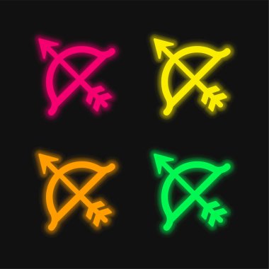 Eğilin ve ok dört renkli parlayan neon vektör simgesi