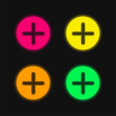 Add Button With Plus Symbol In A Black Circle four color glowing neon vector icon clipart