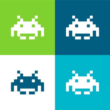 Alien Pixelated Shape Of A Digital Game Flat four color minimal icon set clipart