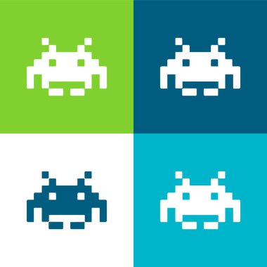 Alien Pixelated Shape Of A Digital Game Flat four color minimal icon set clipart