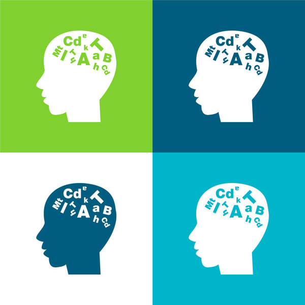 Bald Male Head Side View With Letters Inside Flat four color minimal icon set
