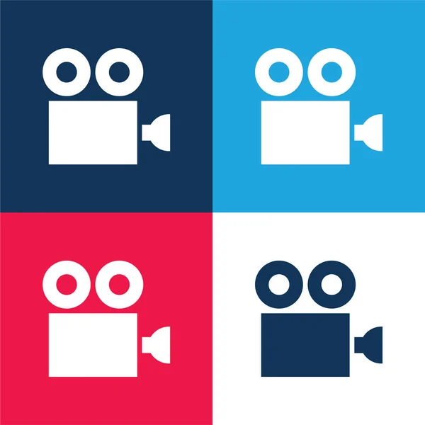 Antieke Cinema Camera Blauw Rood Vier Kleuren Minimale Pictogram Set — Stockvector