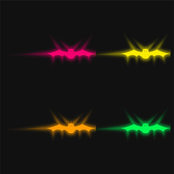 Bat With Extended Wings In Frontal View four color glowing neon vector icon