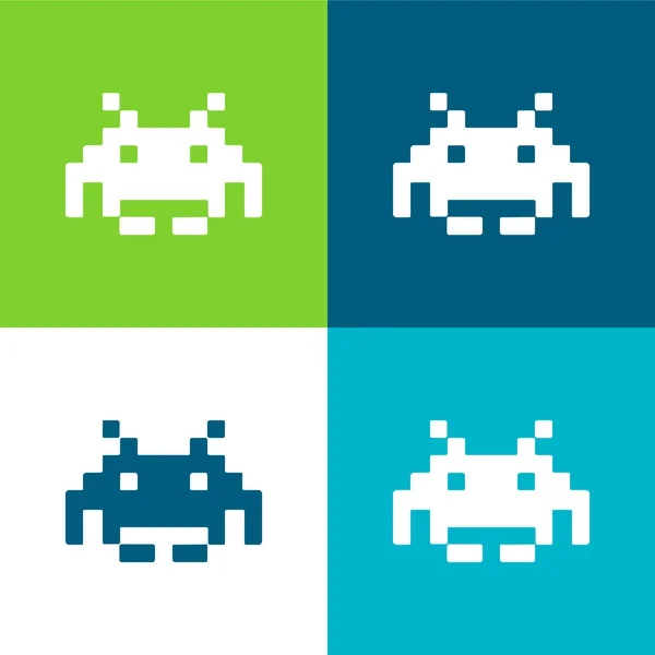 Alien Pixelated Forma Jogo Digital Plano Quatro Cores Conjunto Ícones —  Vetores de Stock