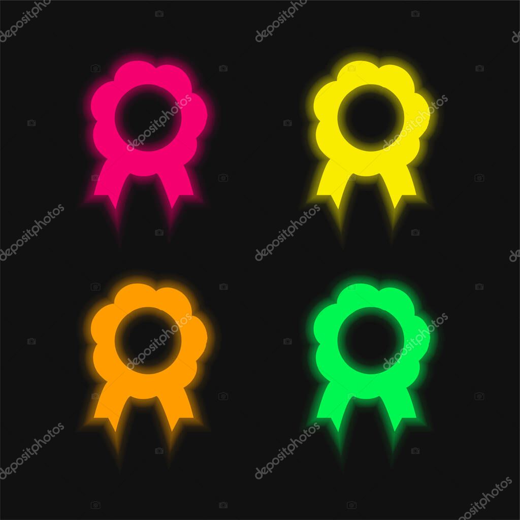 Award Flower Shape Symbolic Medal With Ribbon Tails four color glowing neon vector icon