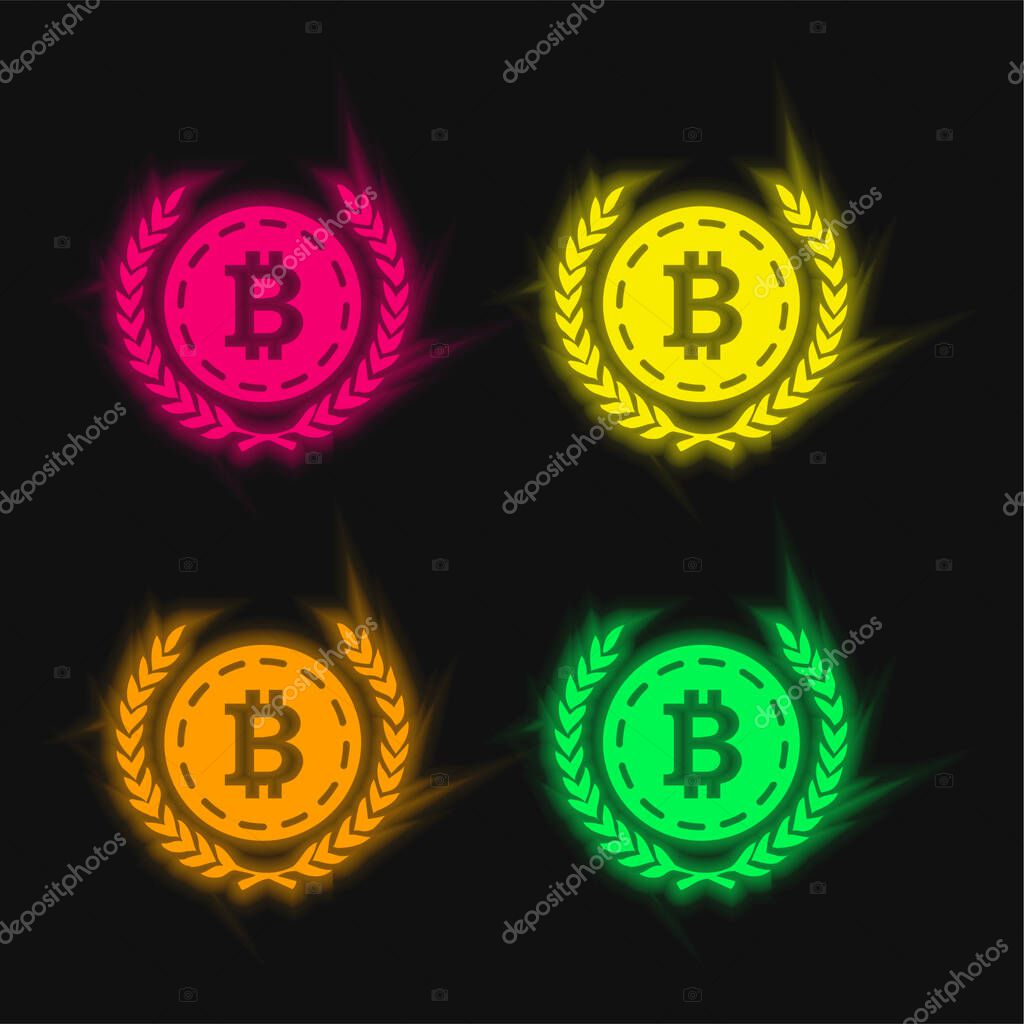 Bitcoin With Olive Leaves At Both Sides four color glowing neon vector icon