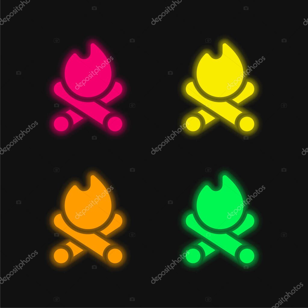 Bonfire four color glowing neon vector icon