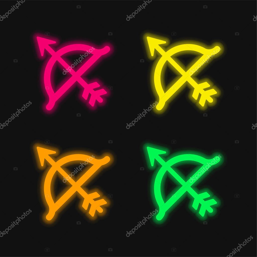 Bow And Arrow four color glowing neon vector icon