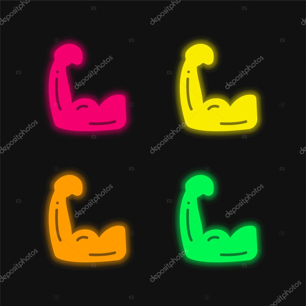 Biceps four color glowing neon vector icon