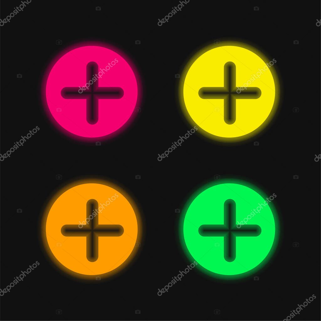 Add Button With Plus Symbol In A Black Circle four color glowing neon vector icon