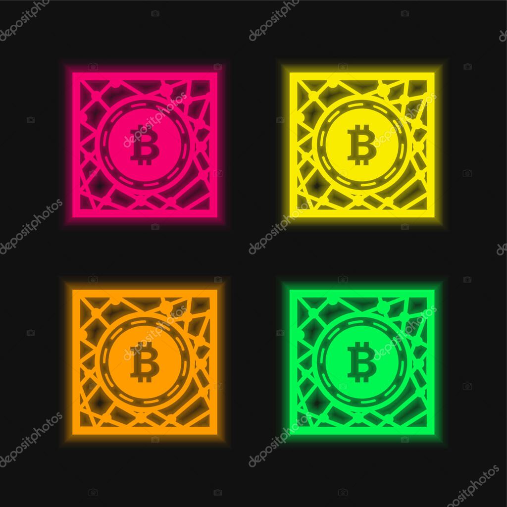 Bitcoin Digital Network Symbol four color glowing neon vector icon