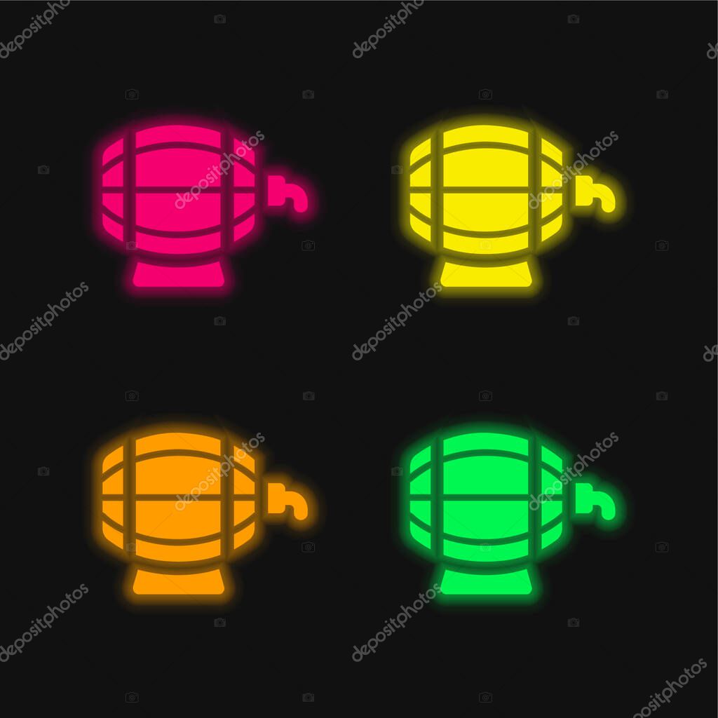 Beer Barrel four color glowing neon vector icon
