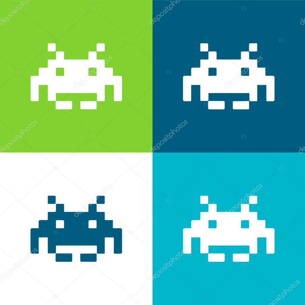 Alien Pixelated Shape Of A Digital Game Flat four color minimal icon set