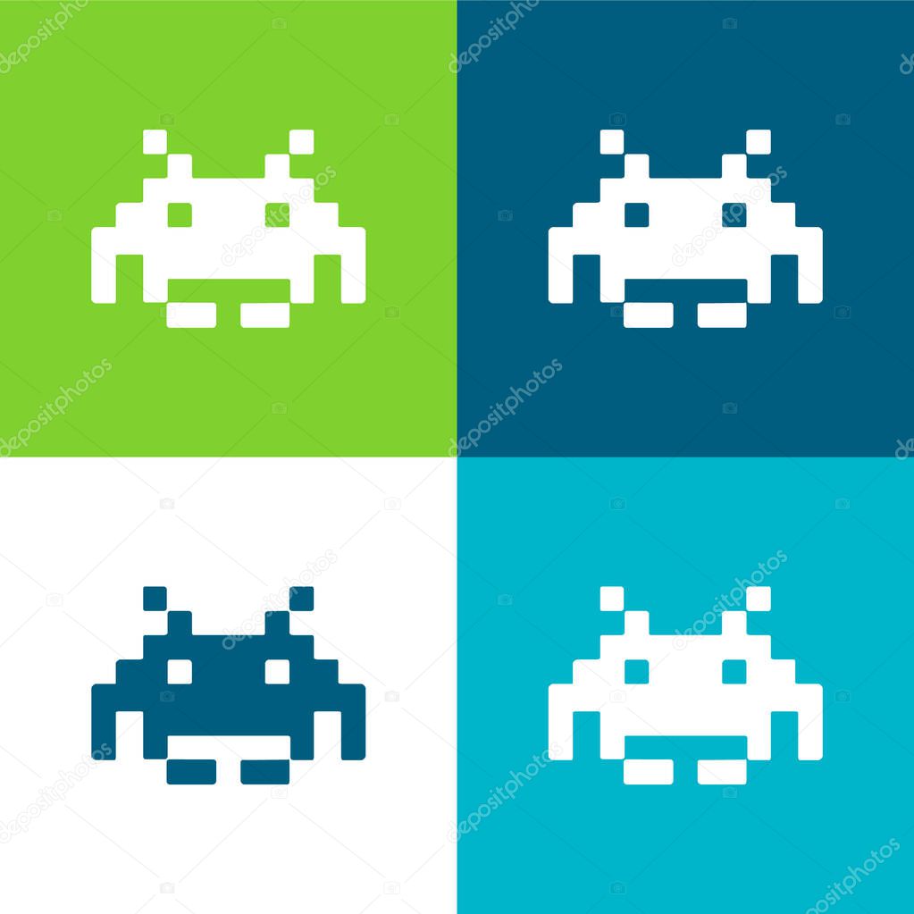 Alien Pixelated Shape Of A Digital Game Flat four color minimal icon set