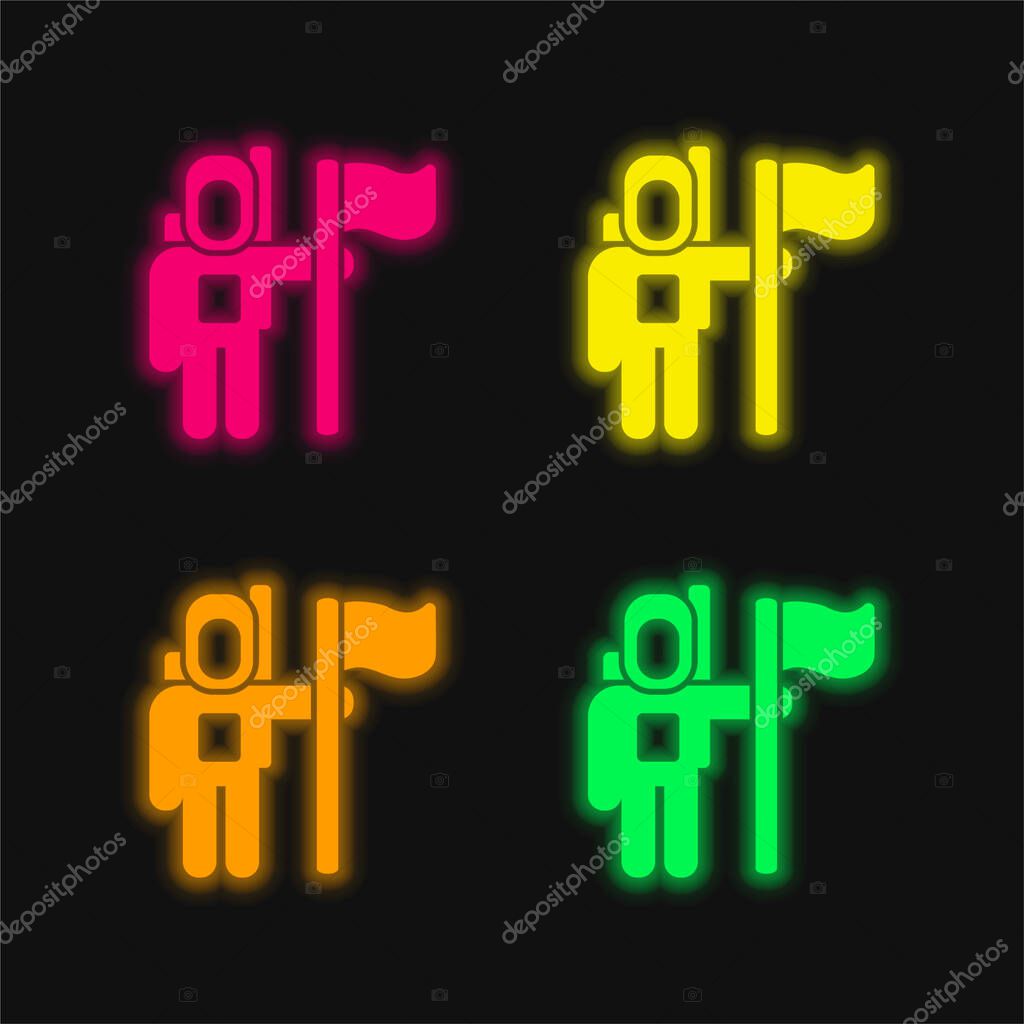 Astronaut Space Traveller With A Flag four color glowing neon vector icon