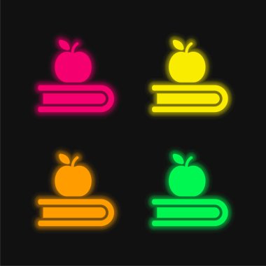 Kitap ve Elma dört renkli parlayan neon vektör simgesi