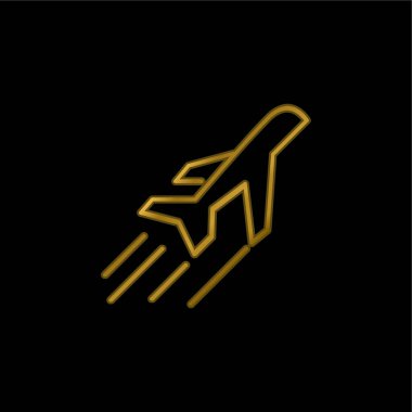 Uçuş altın kaplamalı metalik simge veya logo vektöründe uçak kenarı görünümü