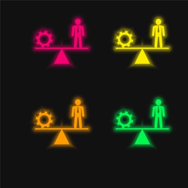 Cogwheel ve İşadamı arasında dengelenen dört renkli neon vektör simgesi