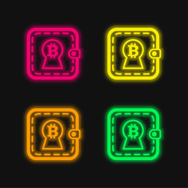 Знак биткойна в форме замочной скважины на бумажнике четырехцветный светящийся неоновый вектор значок